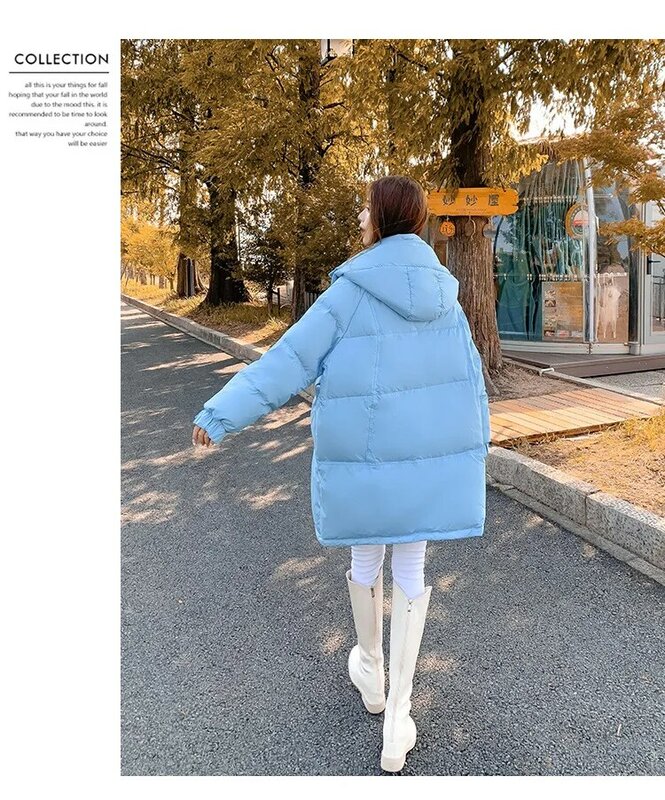 Chaqueta de plumón con capucha de longitud media para mujer, ropa coreana holgada de talla grande, chaquetas cálidas con bolsillo y hebilla de más cremallera para invierno
