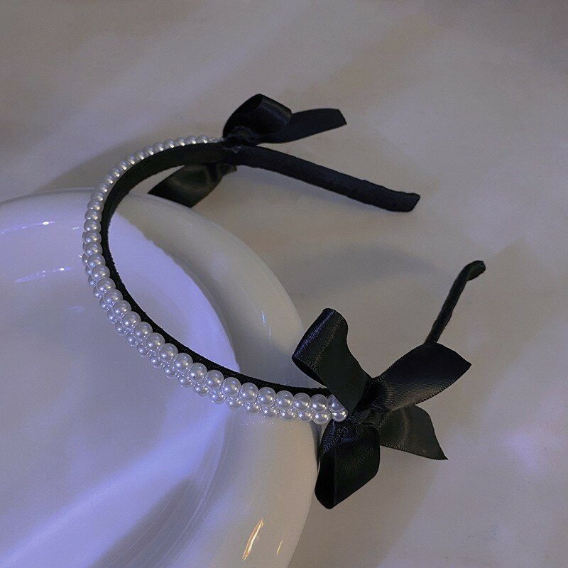 Diademas de perlas con lazo negro para mujeres y niñas, nuevo diseño francés, romántico, diademas dulces, cinta de temperamento, tocado 2022