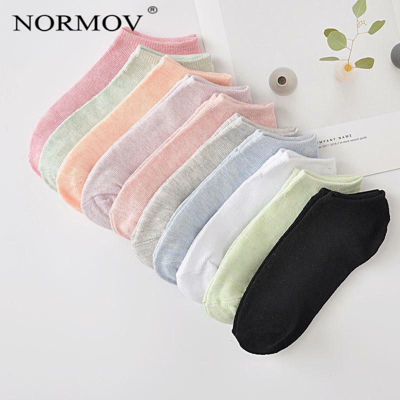 NORMOV Woman 10 Pairs White Socks Cartoon Cute Cotton Summer Ankle Socks Solid Boat Socks Female Soft Anti-Odor Short Socks