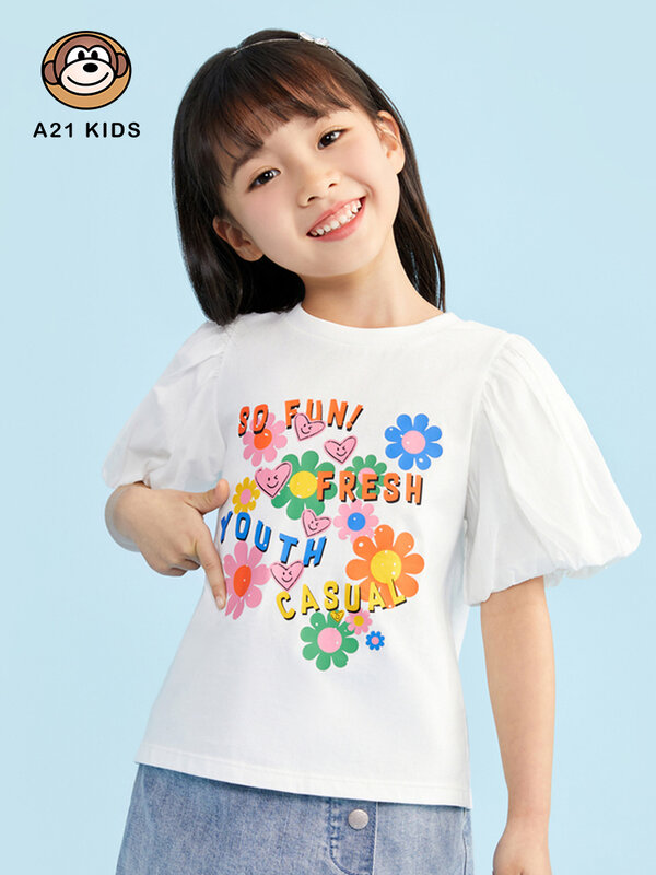 A21 Girls Casual Printing Cotton T-shirts for Summer 2022 Fashion Kids Clothes 3-12y Children Sweet Soft Puff Sleeves O-neck Top