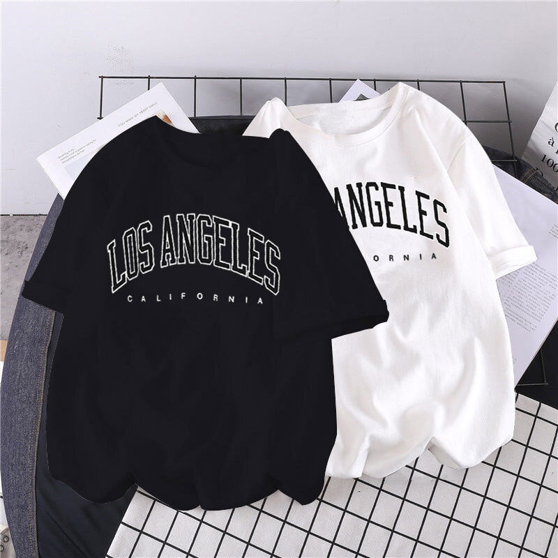 Mode Los Angeles Kaus Kasual Lengan Pendek Gambar Cetak Huruf Kaus Grafis Wanita Atasan Streetwear Musim Panas Kaus Besar
