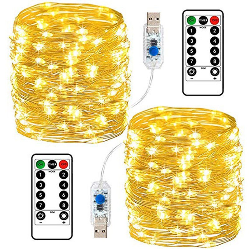 Cadena de luces LED USB con Control remoto, 20M, 200LED, alambre de cobre para boda, Navidad, decoración de vacaciones, lámpara