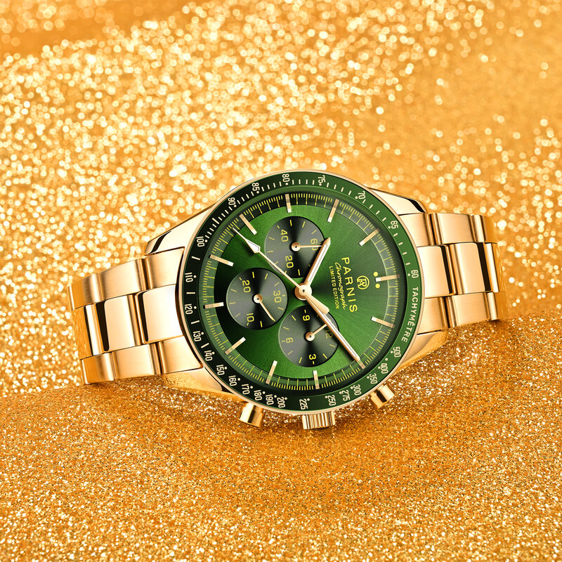 Novo parnis 40mm verde ouro quartzo cronógrafo relógio masculino aço inoxidável esportes relógios de luxo para homem reloj hombre relógio presente