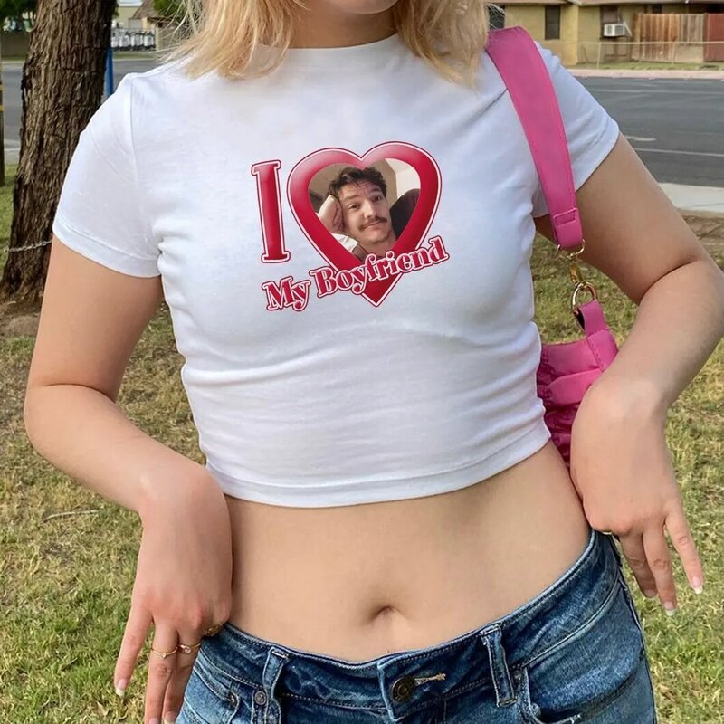 Kocham mojego chłopaka krótki Top Pedro Pascal krótka koszulka damska koszulki z nadrukami lato dziecko Tee Streetwear Y2k topy ubrania damskie