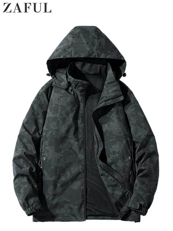 ZAFUL Jackets for Men Graphic Print Zipper Hooded Jacket with Pocket Fall Winter Long Sleeves Coats Leisure Streetwear Outerwear