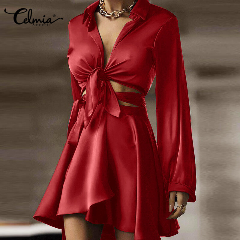 Celmia Elegant Women Stain Silk Dress Sets 2022 Summer Elegant 2 Pieces Suits Long Sleeve Shirt Mini Skirts Bandage Party Sets