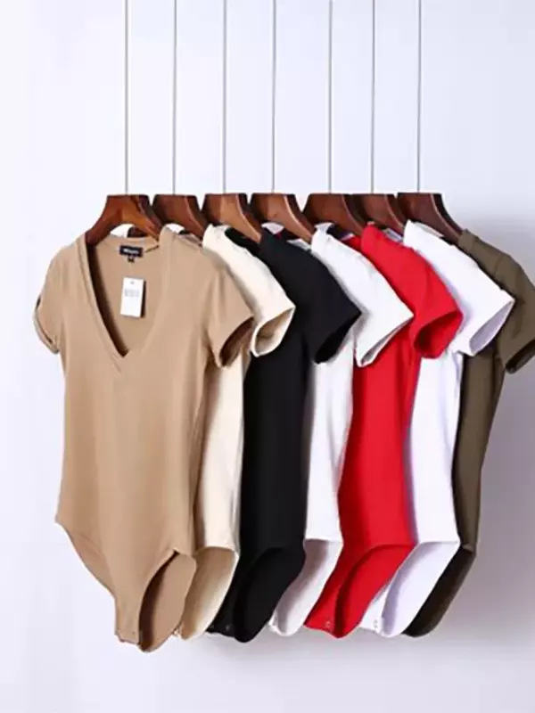T-Shirt Lengan Pendek One-Piece Ramping V-neck Besar Seksi Warna Polos Baru Kaos Retro One-Piece Wanita Dropshipping