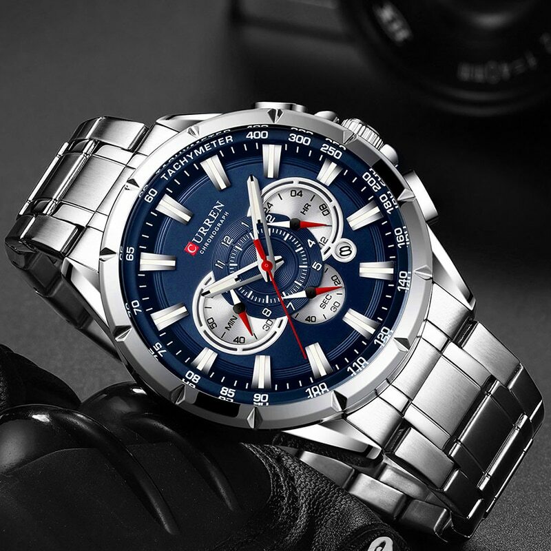 CURREN New Casual Sport Chronograph Mens Watches Stainless Steel Band Wristwatch Big Dial Quartz Clock with Luminous