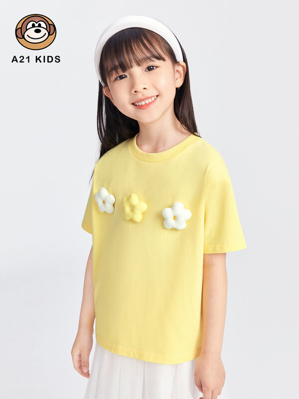 A21 Girls' Casual Knitted T-shirt 2022 Summer Fashion Loose Round Neck Drop Shoulder Breathable Cartoon Print Short-sleeved Top