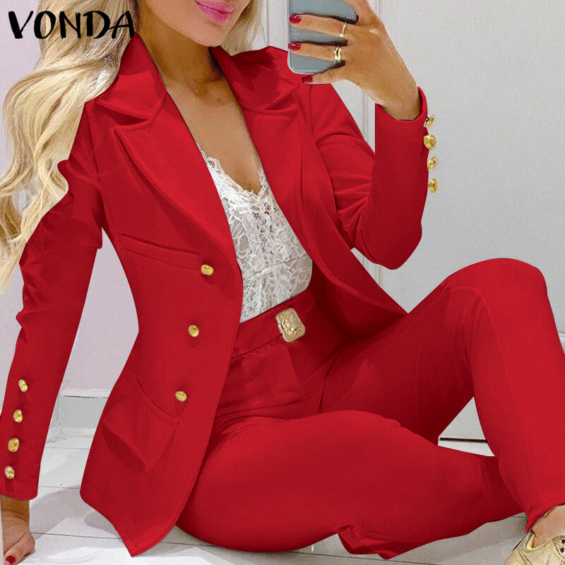 Vonda-女性のだぶだぶの春のブレザーセット,ワイドパンツ,エレガント,オフィス用,大きいサイズ,2022