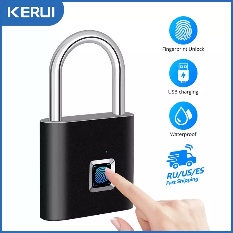 KERUI-열쇠 없는 USB 충전 지문 잠금 스마트 자물쇠, 방수 도어락 0.2 초 잠금 해제 휴대용 도난 방지 자물쇠 아연