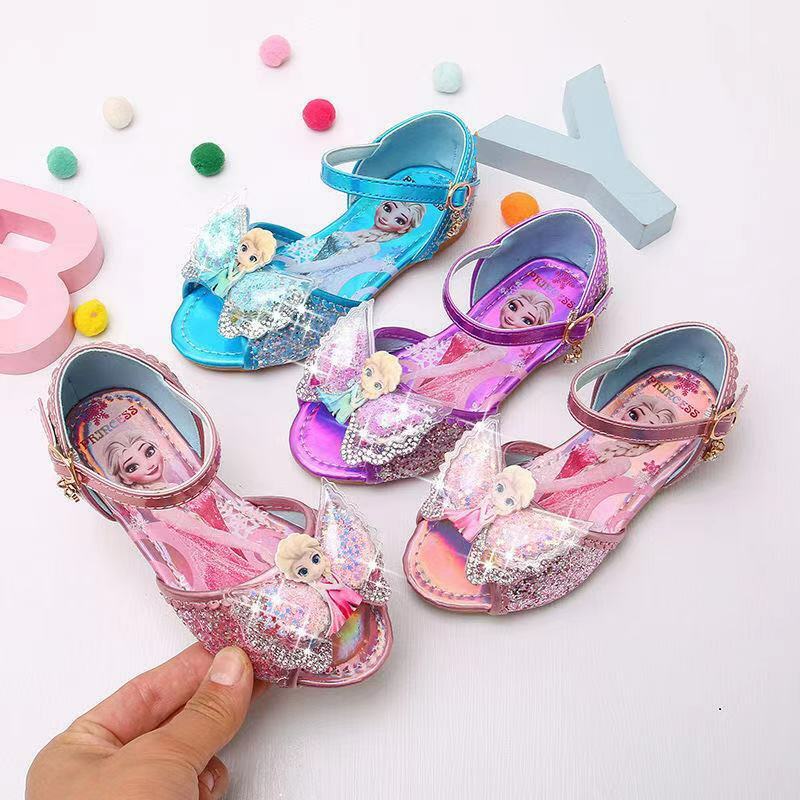 Disney congelados sandálias meninas 2022 novo verão boca de peixe crianças princesa elsa sapatos de cristal menina congelados sapatos de salto plano