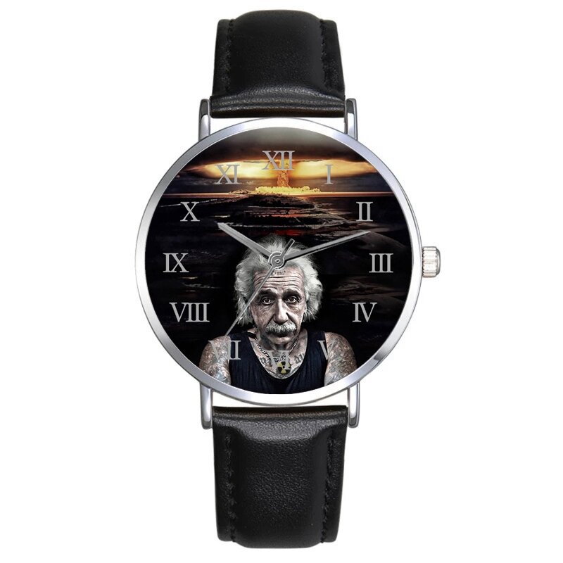 แฟชั่นที่สร้างสรรค์สายหนังสีดำรูปไอน์สไตน์นาฬิกาผู้หญิงใหม่เป็นของขวัญ