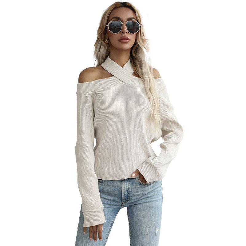 Solid Color Hollow Off-shoulder Knitted Pullover Long-sleeved Sweater 2022 Spring and Autumn New Women's Clothing