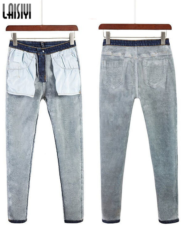 Calça jeans feminina de inverno com cintura alta, justa e grossa de lã