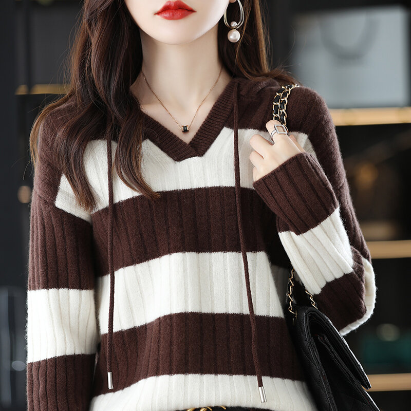 Suéter con capucha para mujer, Jersey de punto, versión coreana, Top holgado a rayas con cuello en V, estilo occidental, Allmatch