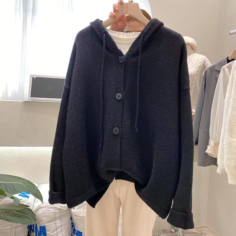 Single-breasted V-Neck Casual Sweater Female 2022 Hooded Knit Cardigan Women Streetwear Solid Color Lady Sweet Cute Slim Jacket