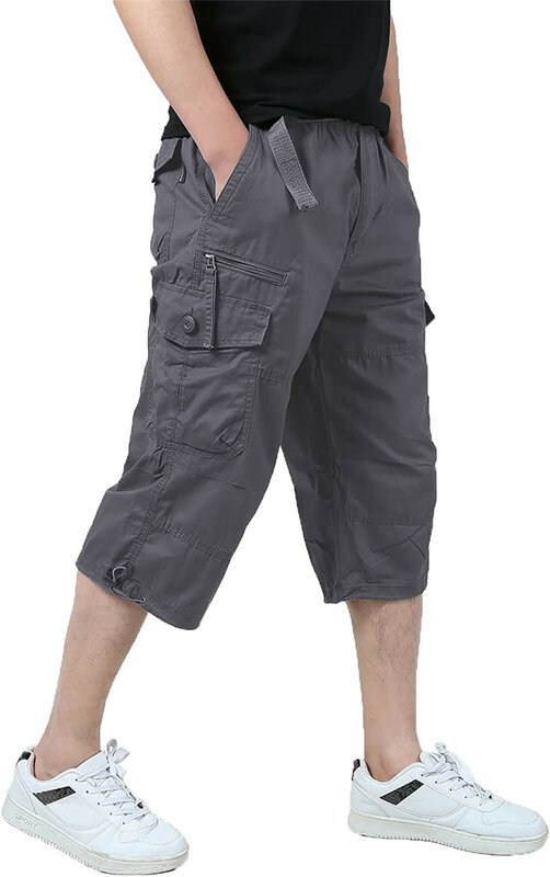 Knee Length Cargo Shorts Men's Summer Casual Cotton Multi Pockets Breeches Cropped Short Trousers Below The Knee Shorts For Men