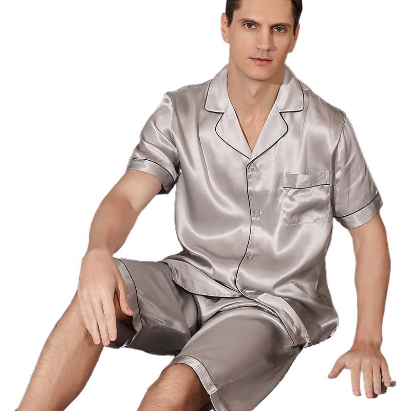 19 Momme Sommer 100% Natürliche Seide Shorts Pyjamas Sets herren Nachtwäsche Kurzarm Reine Farbe Elegant Männlichen Nachtwäsche