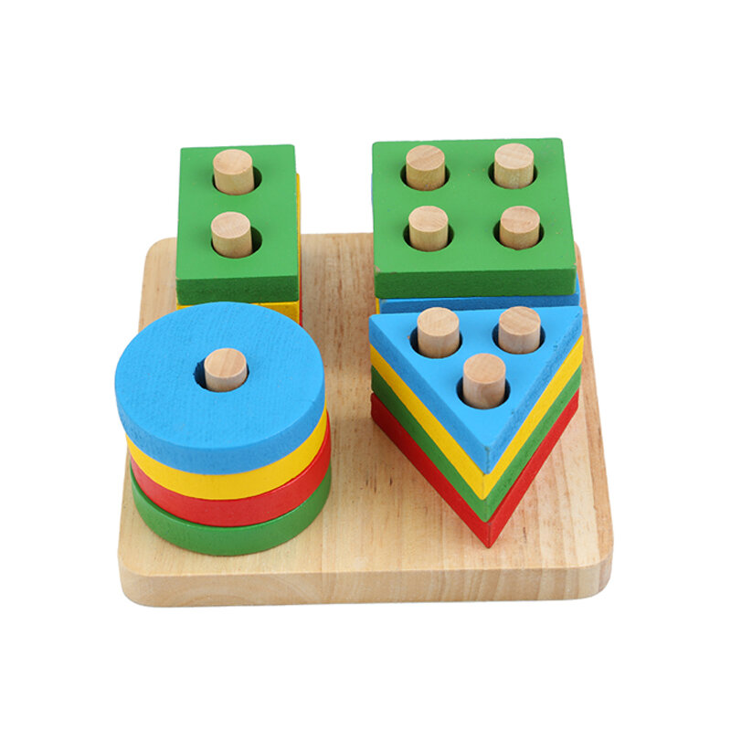 Baby Educatief Houten Kleurrijke Geometrische Sorteren Board Montessori 3D Gebouw Kolom Puzzel Speelgoed Voor Kinderen
