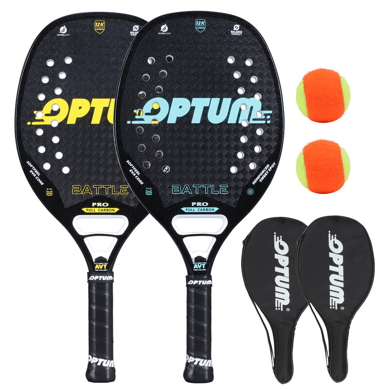 Optum batalha 12k fibra de carbono raquete de tênis de praia conjunto, 2 raquetes, 2 bolas, e 2 sacos de cobertura