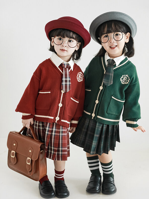 Para meninas outono terno spire chapéu mágico casaco bebê colégio estilo contraste cor cardigan saia