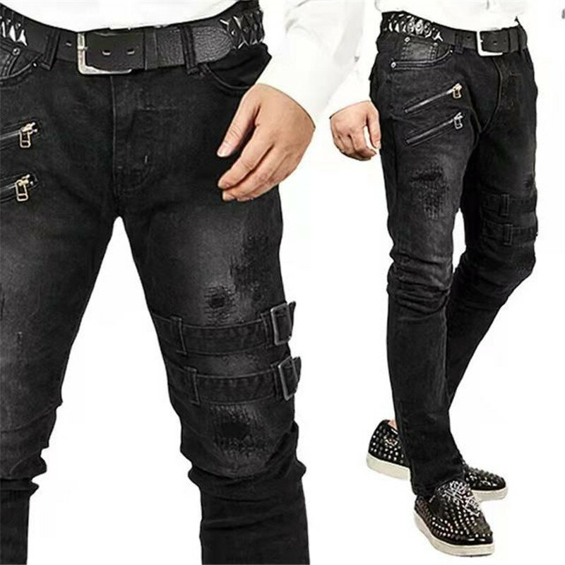 Мужские модные стильные облегающие джинсы с надписью, мотоциклетные и байкерские джинсы, черные джинсы с отверстиями для мужчин