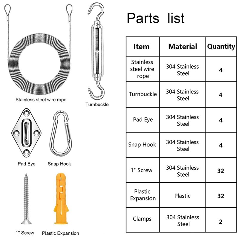 Kit de quincaillerie pour voile d'ombrage, Kit de quincaillerie pour voile d'ombrage avec câble métallique, accessoires antirouille de 6 pouces, 48 pièces