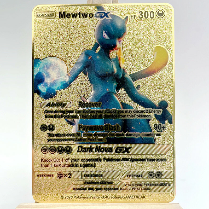2022 Pokemon 27รูปแบบใหม่ Mewtwo GX MEGA Gold โลหะการ์ดเกมคอลเลกชันอะนิเมะการ์ดของเล่นเด็กคริสต์มาสของขวัญ