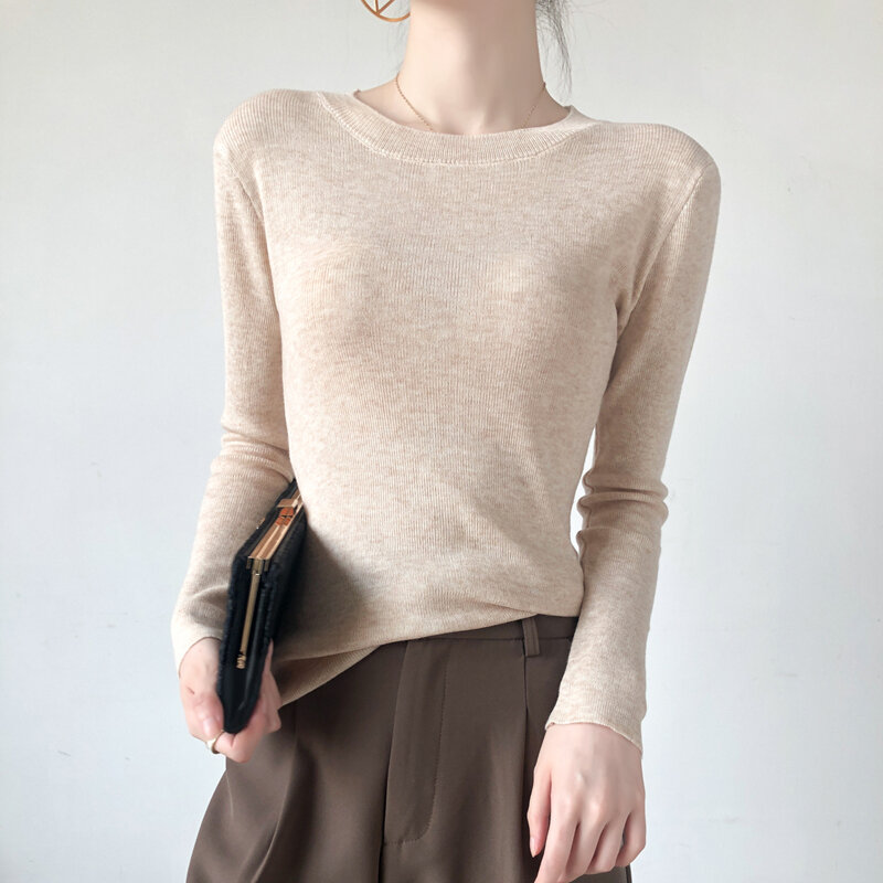 Frühling und Herbst ultra dünner mikro transparenter Rundhals-Woll pullover Damen schlanker Pullover einfarbig eng anliegender Boden