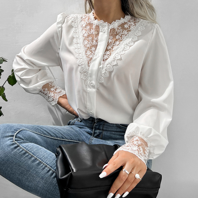 HOUZHOU Kemeja Putih Lengan Panjang Patchwork Renda Seksi Wanita Blus Desain Jaring Atasan Wanita 2022 Kaus Mode Hitam Antik Musim Gugur