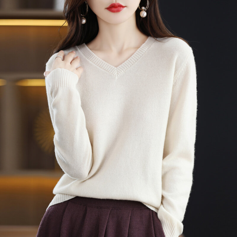 Pakaian Rajut Musim Gugur dan Dingin Leher V Wanita Lengan Panjang Kemeja Mode Semua Cocok Sweter Aroma Kecil 100% Atasan Wol