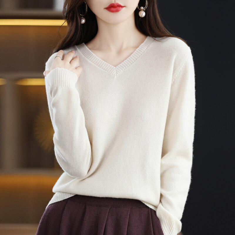 Autumn And Winter Knitwear Women's V-Neck Long-Sleeved Bottoming Shirt Fashion All-Match Small Fragrance Sweater 100% Wool Top