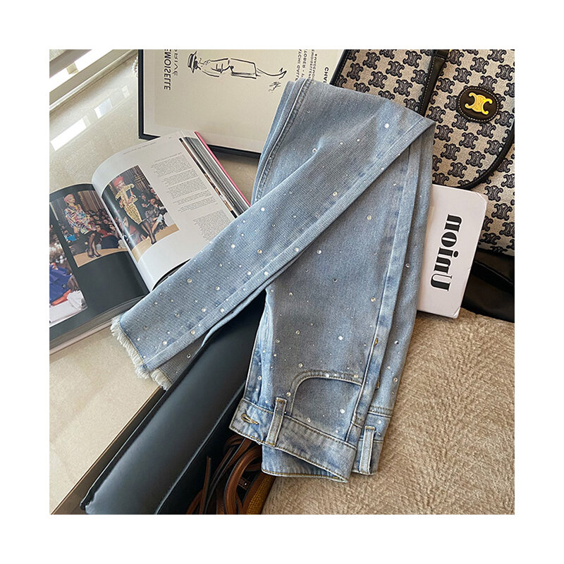 بنطلون جينز نسائي صيفي واسع الساق من قماش الدنيم الأزرق ذو الخصر العالي من الألماس بنطلون فضفاض مستقيم جينز عصري للشارع