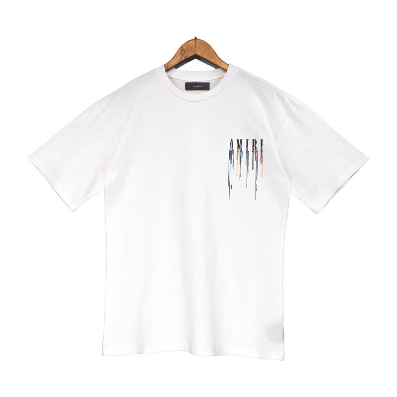 AMIRI-반팔 컬러 스플래싱 잉크 슬로건 글자 프린팅, 22SS, 유럽 미국 타이드 브랜드 그래피티 루즈한 티셔츠
