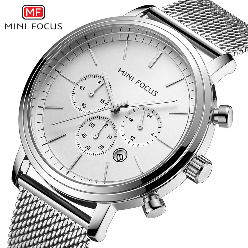 Minifocus elegante prata quartzo dos homens relógios de aço inoxidável à prova dthin água fina ultra malha cinta casual relógios pulso relojes hombre