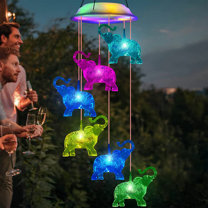 Lampe solaire LED avec carillon éolien, hibou et éléphant, luminaire décoratif d'intérieur, luminaire décoratif d'intérieur, idéal pour un jardin ou noël