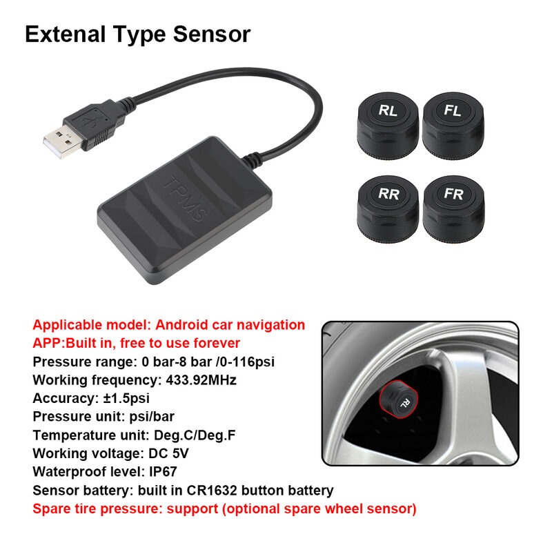 Sistema de Monitoreo de presión de neumáticos TPMS USB, Android, Sensor externo interno de neumáticos de repuesto para Radio de coche, reproductor de DVD