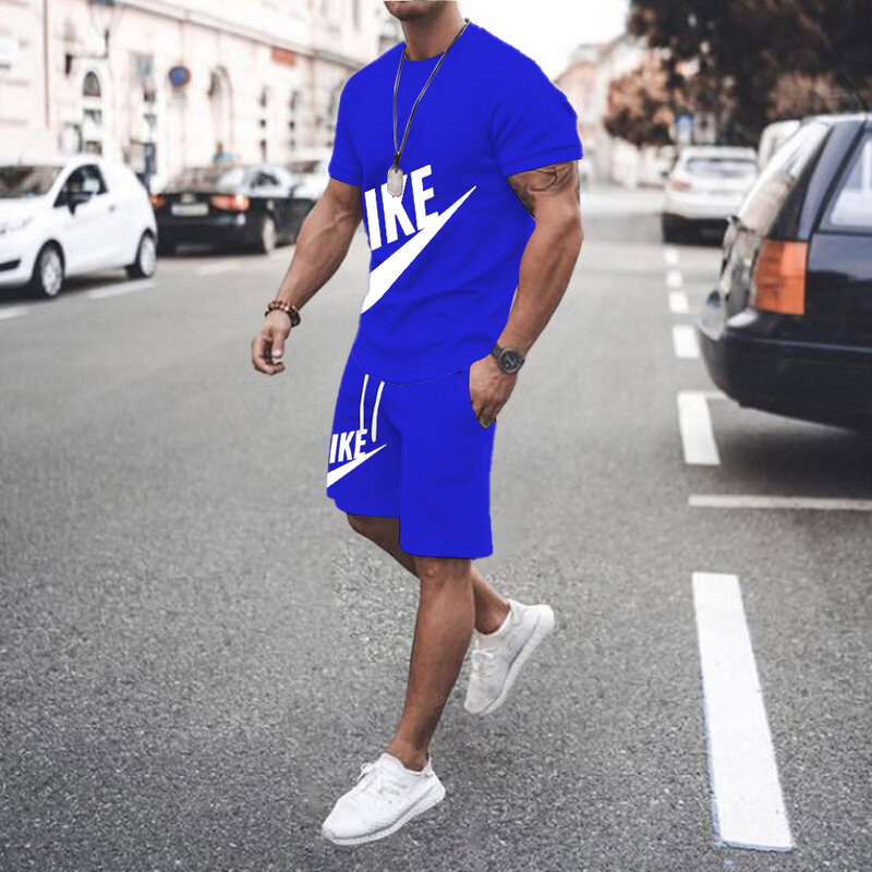 Verão masculino de fitness moda masculina casual terno esportivo de grandes dimensões terno de manga curta camiseta + shorts conjunto de 2 peças