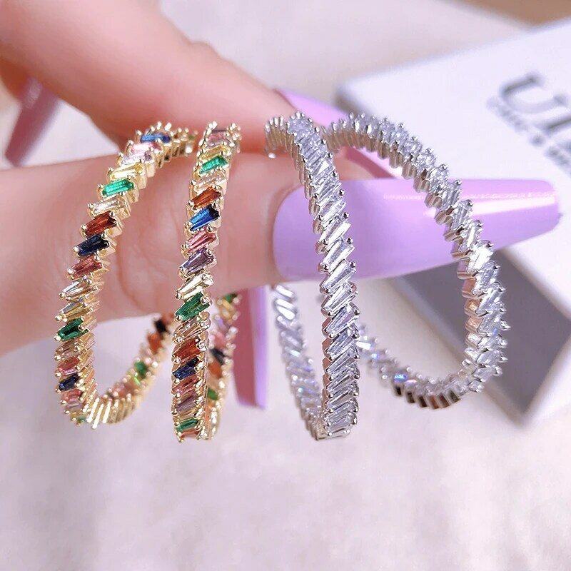 UILZ Fashion Colorful Crystal Ladies Hoop Earring Square Shape Micro Pave Cubic Zirconia Circle Earrings for Women Drop Shipping
