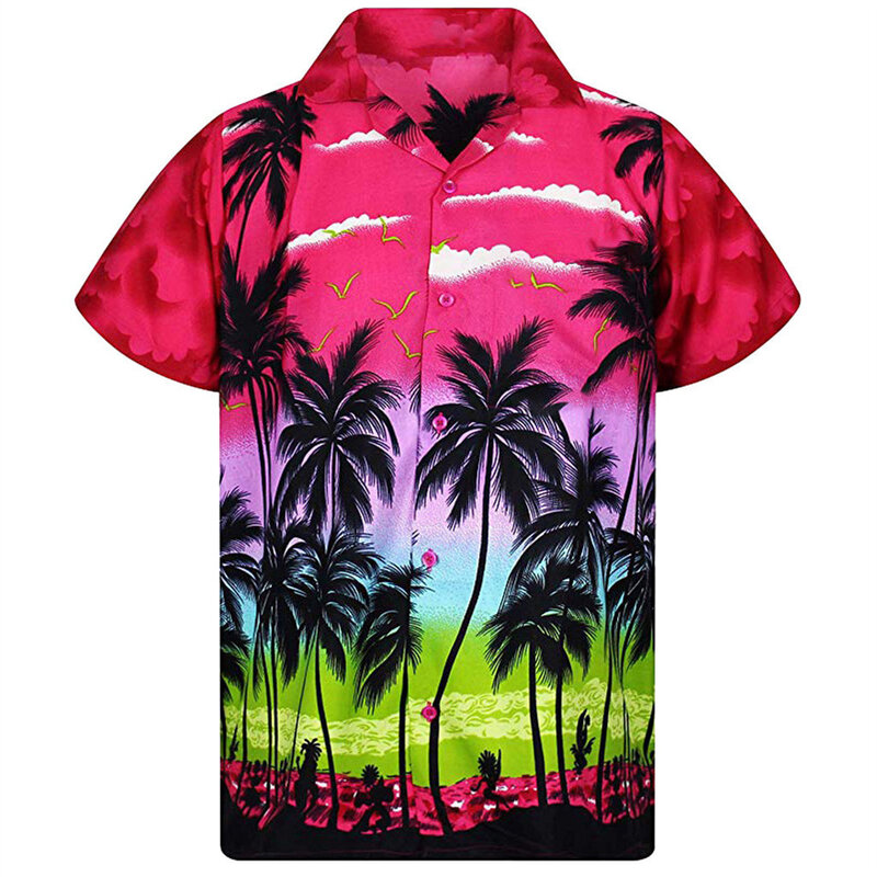 Men's Hawaiian Shirts EU Size 5XL Coconut Tree 3D Print Summer Loose Short Sleeve Shirt Casual Button Down Beach Shirts Holiday