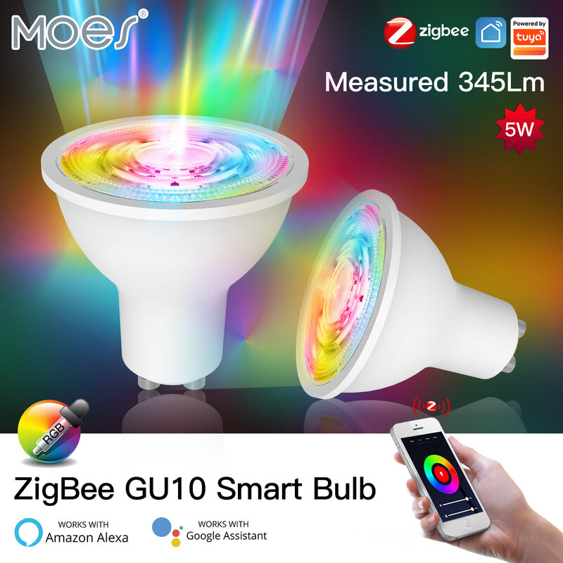 MOES-bombillas LED inteligentes Tuya ZigBee GU10, lámparas regulables RGBC + W blancas de 4,7 W, Control por aplicación Smart Life, funciona con Alexa/Google