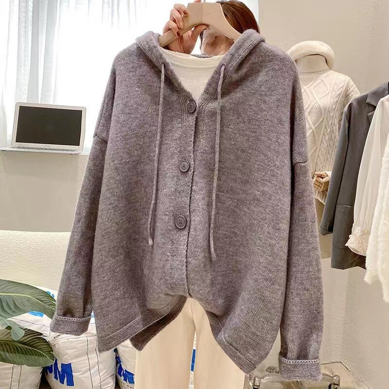 Single-breasted V-Neck Casual Sweater Female 2022 Hooded Knit Cardigan Women Streetwear Solid Color Lady Sweet Cute Slim Jacket