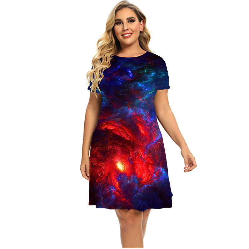 3D gwiaździste niebo sukienki kobiety zewnętrzny nadruk kosmosu luźna sukienka z krótkim rękawem lato Plus rozmiar Casual O-Neck sukienka Mini Vestidos