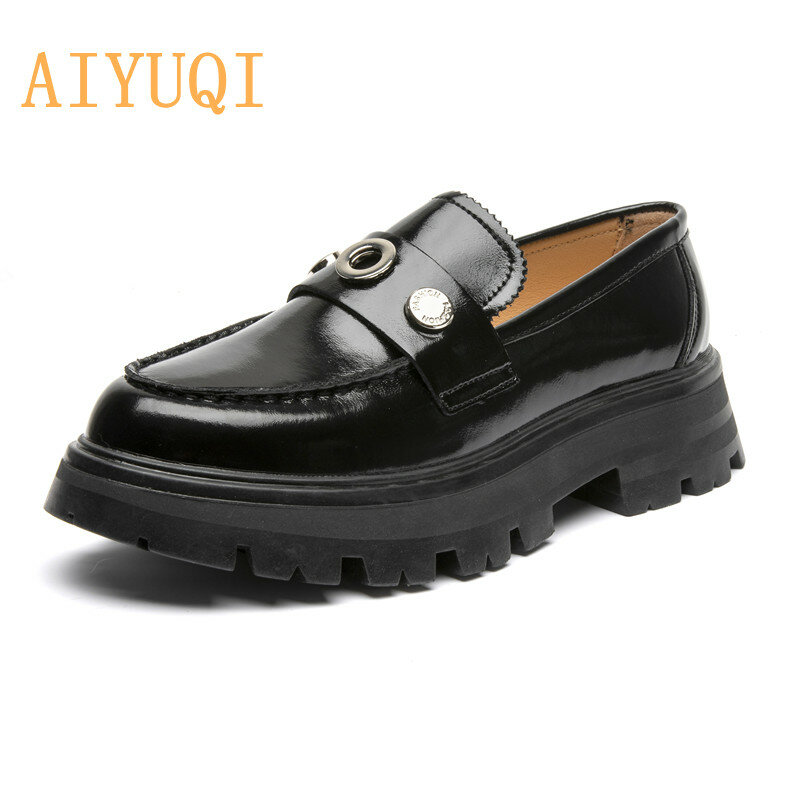 AIYUQI 여성용 로퍼 슬립 온 2022 신형 영국 스타일 소녀 학교 신발 여성용 정품 가죽 신발 제작