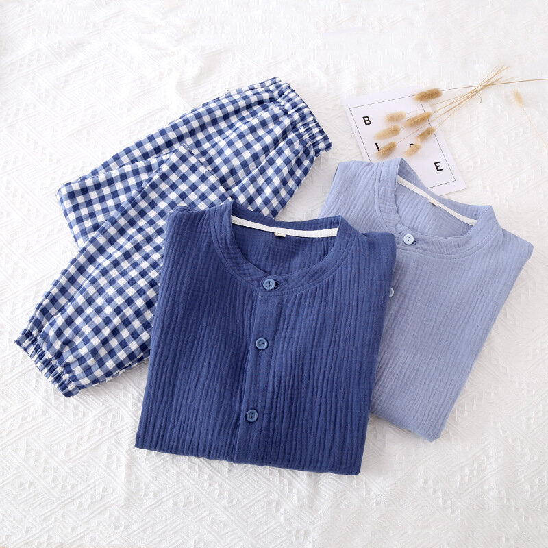 Conjunto de ropa de casa a cuadros para hombre, pijama fino de algodón con crepé de Color contrastante, manga larga, gasa de doble capa, primavera y verano