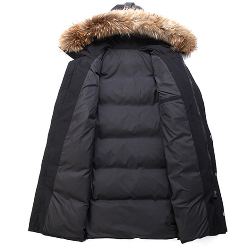 Мужской длинный пуховик, зимняя мужская куртка, длинное пальто, теплая парка на 90% утином пуху, зимняя верхняя одежда, меховое пальто с капюшоном для мужчин NZ410