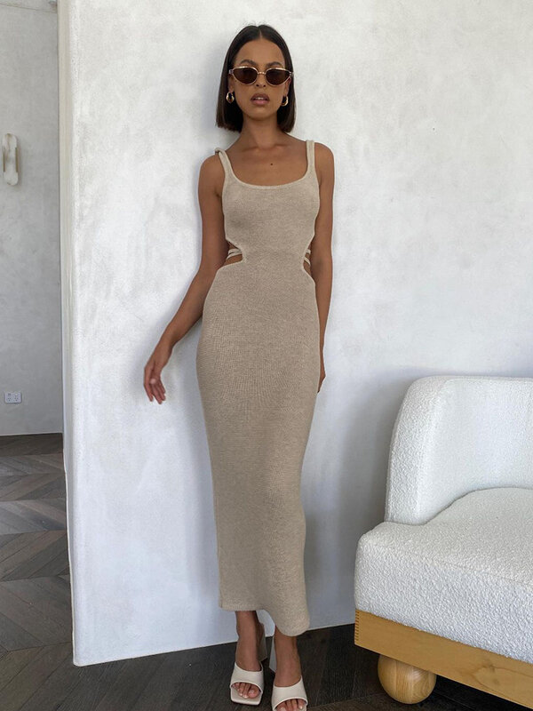 Elegant Fashion Straps Sexy Backless Knit Maxi Dress For Women Summer Beach Holiday Cut Out Shift Dresses Clothes