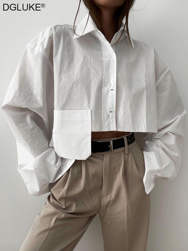Женская укороченная рубашка на пуговицах, Стильная белая блузка большого размера с длинным рукавом, уличная одежда, Y2K, 2022