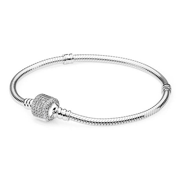 Original Beads Pave Crystal Ball & Barrel Clasp Snake Chain Bracelet Fit Pandora Bangle 925 Sterling Silver Charm DIYJewelry
